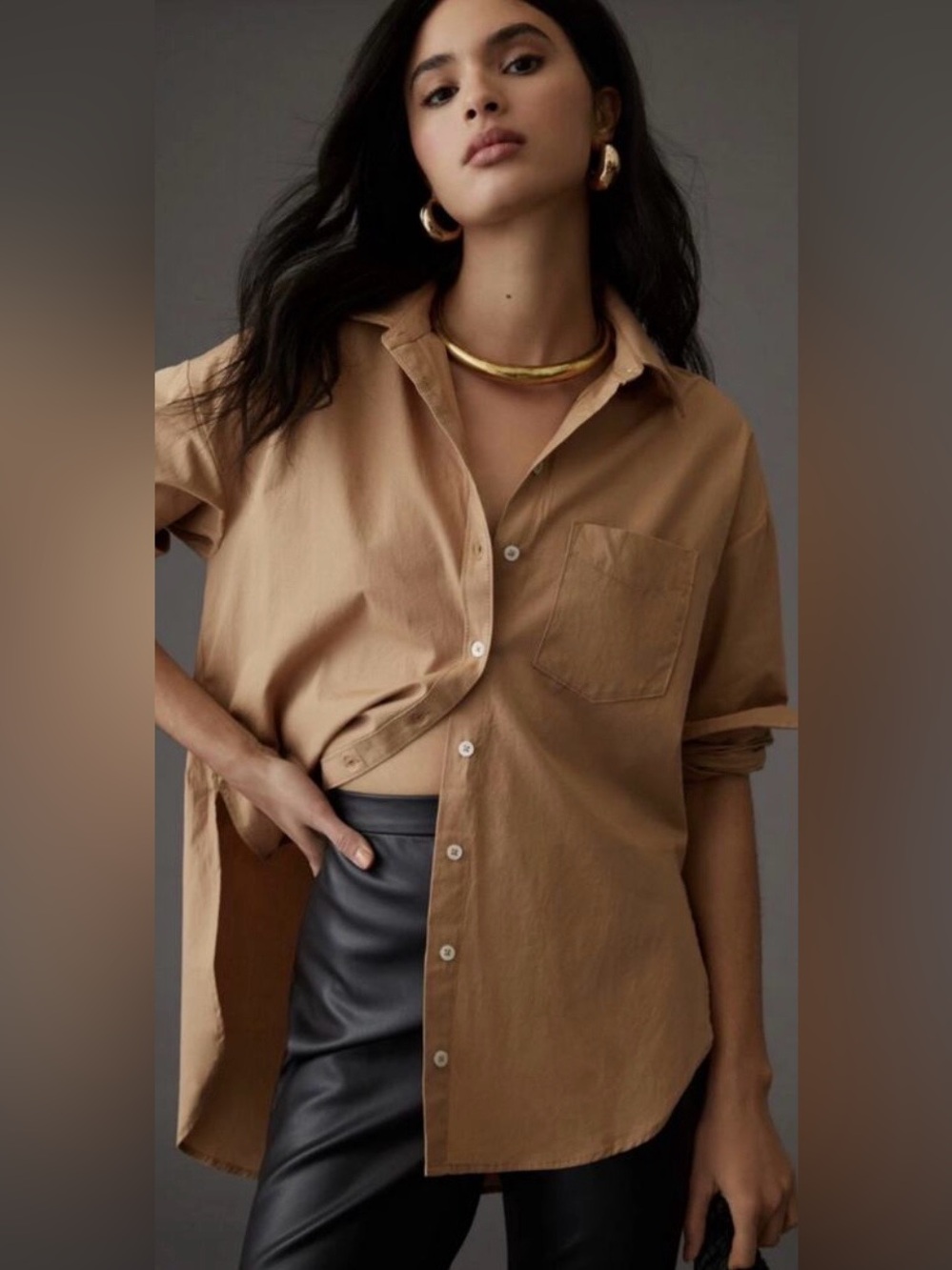 Anthropologie Maeve Bennet Buttondown High Low Top Shirt Camel Brown Women’s XSP